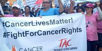 Thato Moncho (left) marched to the Gauteng Department of Health, alongside other patients living with cancer, on 30 April 2024 to demand that the GDoH spend the R784m set aside by the Gauteng Treasury in March 2023 to outsource radiation oncology services for more than 3,000 patients. (Photo: Lerato Mutsila)