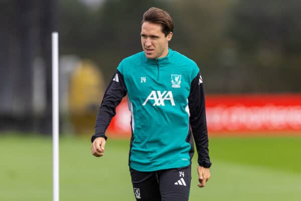 LIVERPOOL, ENGLAND - Tuesday, September 16, 2025: Liverpool's Federico Chiesa during a training session at the AXA Training Centre ahead of the UEFA Champions League match between Liverpool FC and Atlético de Madrid. (Photo by Jessica Hornby/Propaganda)