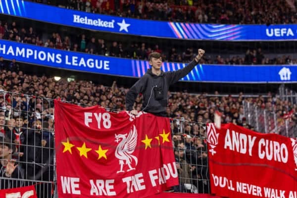 FRANKFURT, GERMANY - Wednesday, October 22, 2025: Liverpool supporters during the UEFA Champions League match between Eintracht Frankfurt and Liverpool FC at the Waldstadion. Liverpool won 5-1. (Photo by David Rawcliffe/Propaganda)