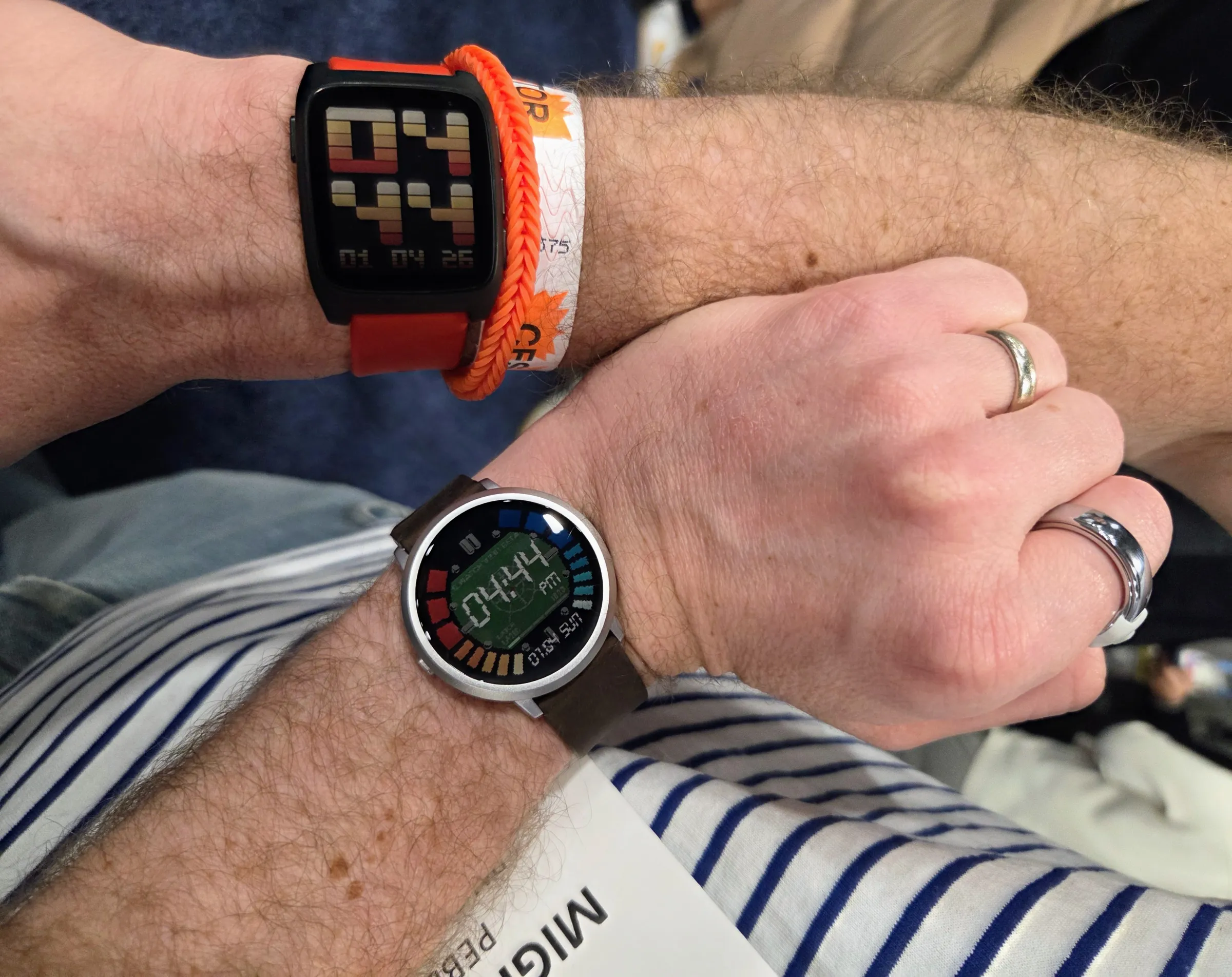 Looks like he’s a Goldeneye fan. Also pictured: the new Pebble Time 2 and the Index 01 microphone ring.