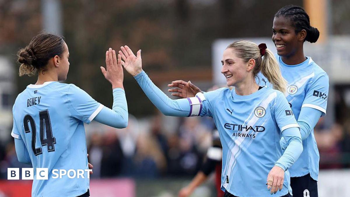 Manchester City players celebrate during their Women's FA Cup win over Bournemouth