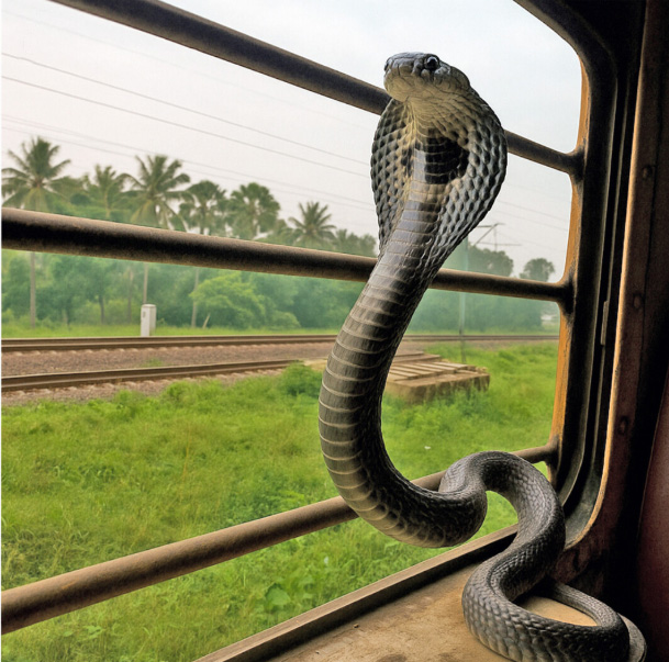 An Indian Cobra (Naja naja) on a windowsill in the moving Lokshakti Express train near Valsad, Gujarat State, India. Photo by Dikansh S. Parmar Sameer Lakhani.
