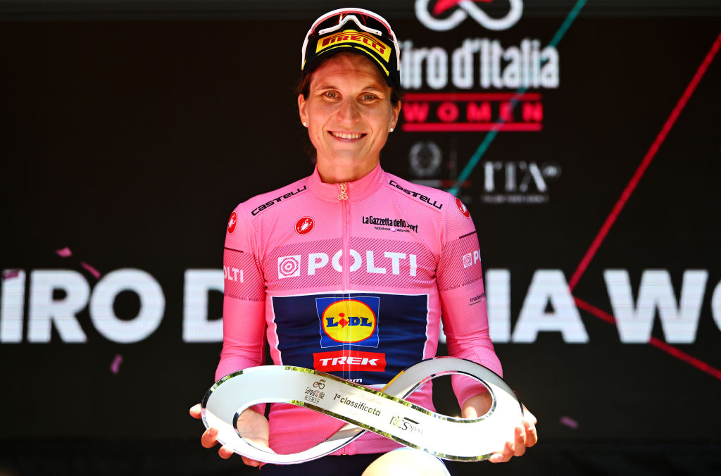 L&amp;apos;AQUILA, ITALY - JULY 14: Elisa Longo Borghini of Italy and Team Lidl - Trek - Pink Leader Jersey celebrates at podium as overall final race winner during the 35th Giro d&amp;apos;Italia Women 2024, Stage 8 a 117km stage from Pescara to L&amp;apos;Aquila / #UCIWWT / on July 14, 2024 in L&amp;apos;Aquila, Italy. (Photo by Luc Claessen/Getty Images)