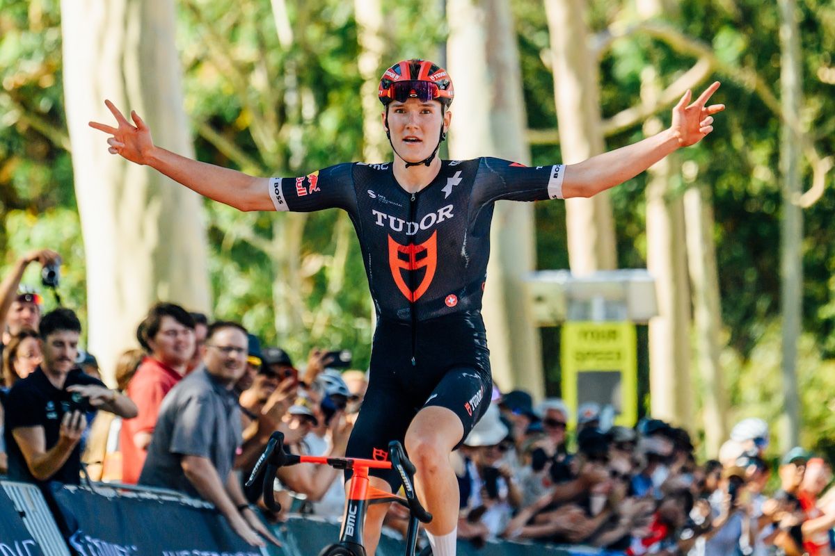 Jackson Medway (Tudor Pro Cycling) celebrates winning the U23 men's road race title at the 2026 Westbridge Funds Road National Championships