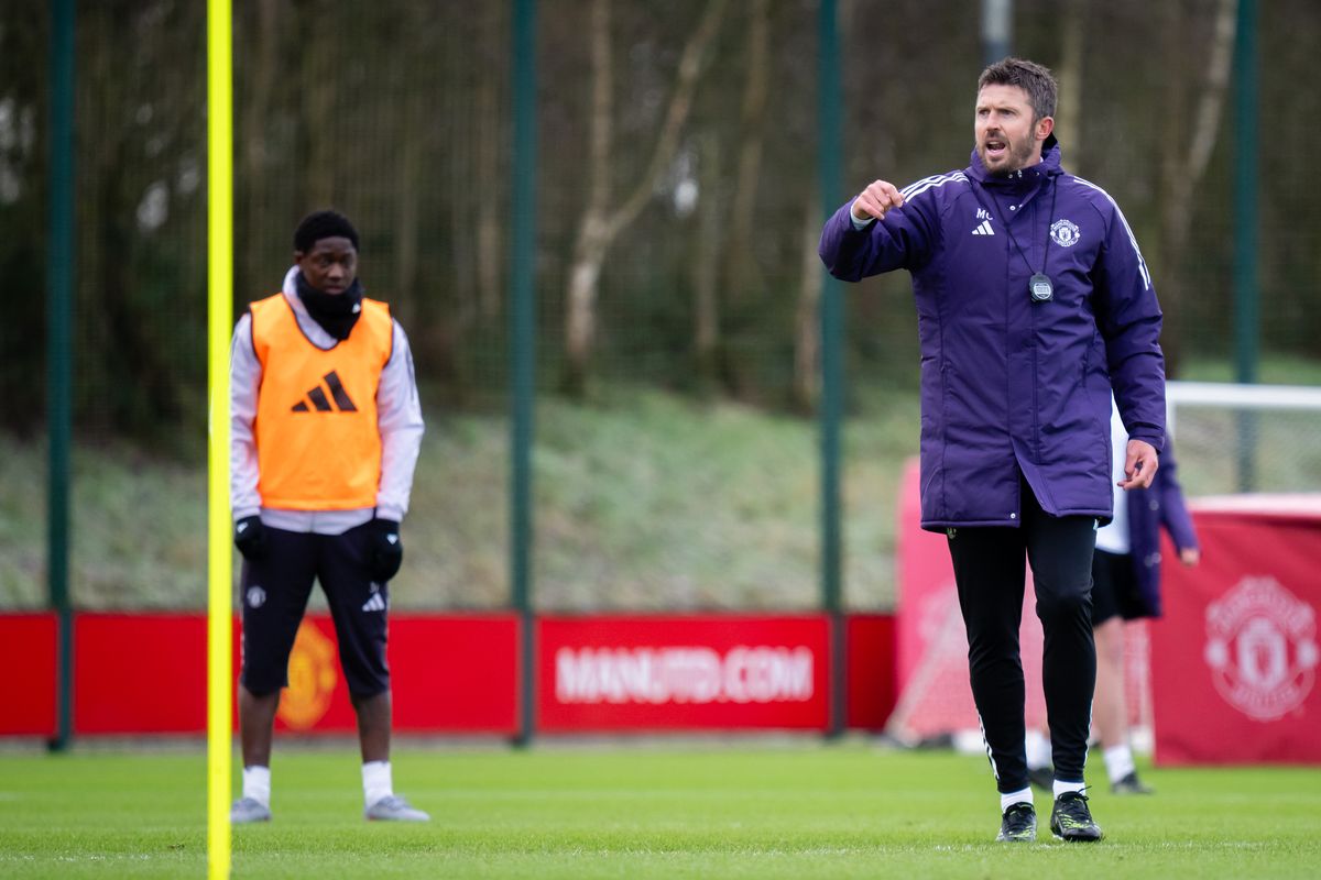 Head Coach Michael Carrick of Manchester United in action during a first team training session at Carrington Training Ground