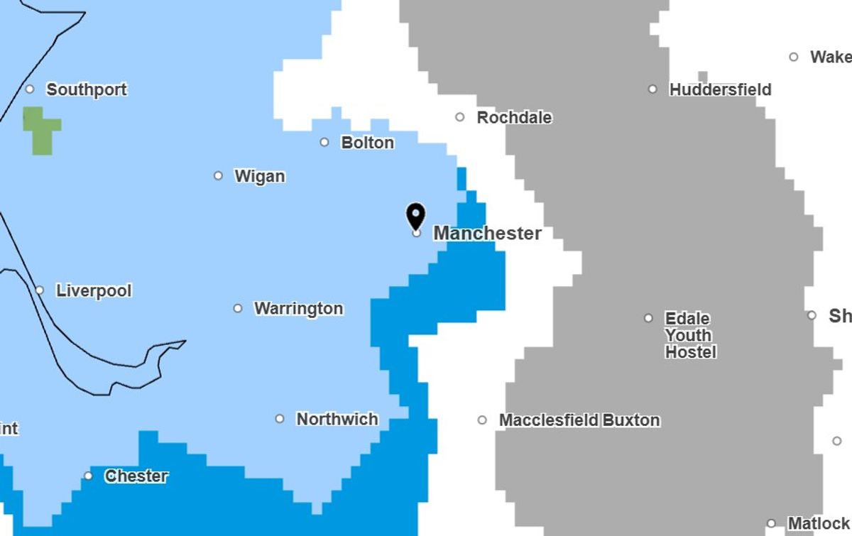 Met Office weather map showing snow across eastern parts of Greater Manchester on Tuesday at 9am 
