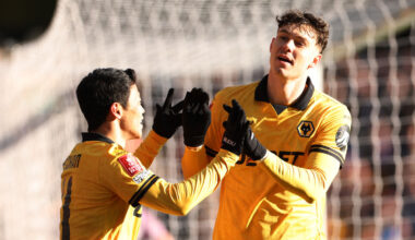 WOLVERHAMPTON, ENGLAND - JANUARY 10: Joao Gomes of Wolverhampton Wanderers is tackled by John Marquis of Shrewsbury Town during the Emirates FA Cup Third Round match between Wolverhampton Wanderers and Shrewsbury Town on January 10, 2026 in Wolverhampton, England. (Photo by Clive Mason/Getty Images)