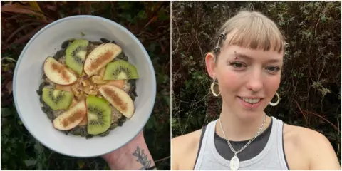 Yeshe Sander Composite image: One of a hand holding a bowl of porridge topped with seeds, apple and kiwi, the other of a woman with various piercings and a short fringe, smiling