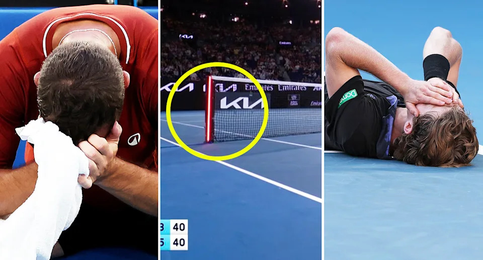 Hugo Gaston and Dane Sweeny alongside a malfunctioning Australian Open net-post.