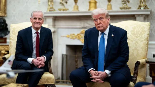 US President Donald Trump (R), and Norway's prime minister Jonas Gahr Store (L), during a meeting in the Oval Office of the White House in Washington, DC, USA, 24 April 2025.