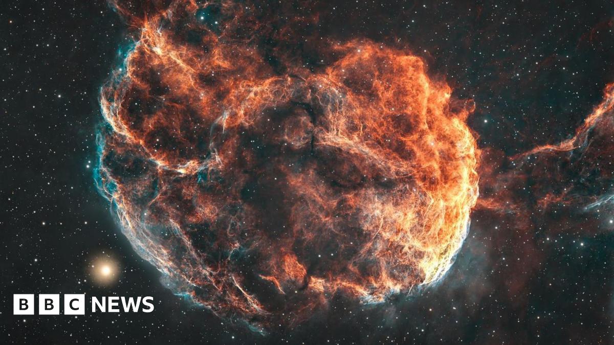 The Jellyfish Nebula is a circular ball of brightly coloured gases. It has elements of red, blue, black and orange and is set in a night sky spotted with stars.