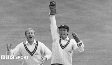 Arnold Long appeals for a catch while playing for Surrey against Australia