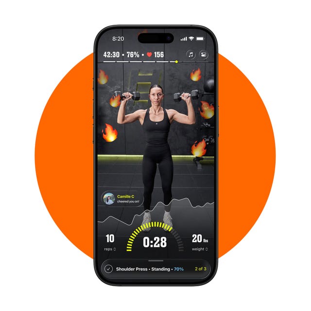 fitness app interface displaying a shoulder press exercise