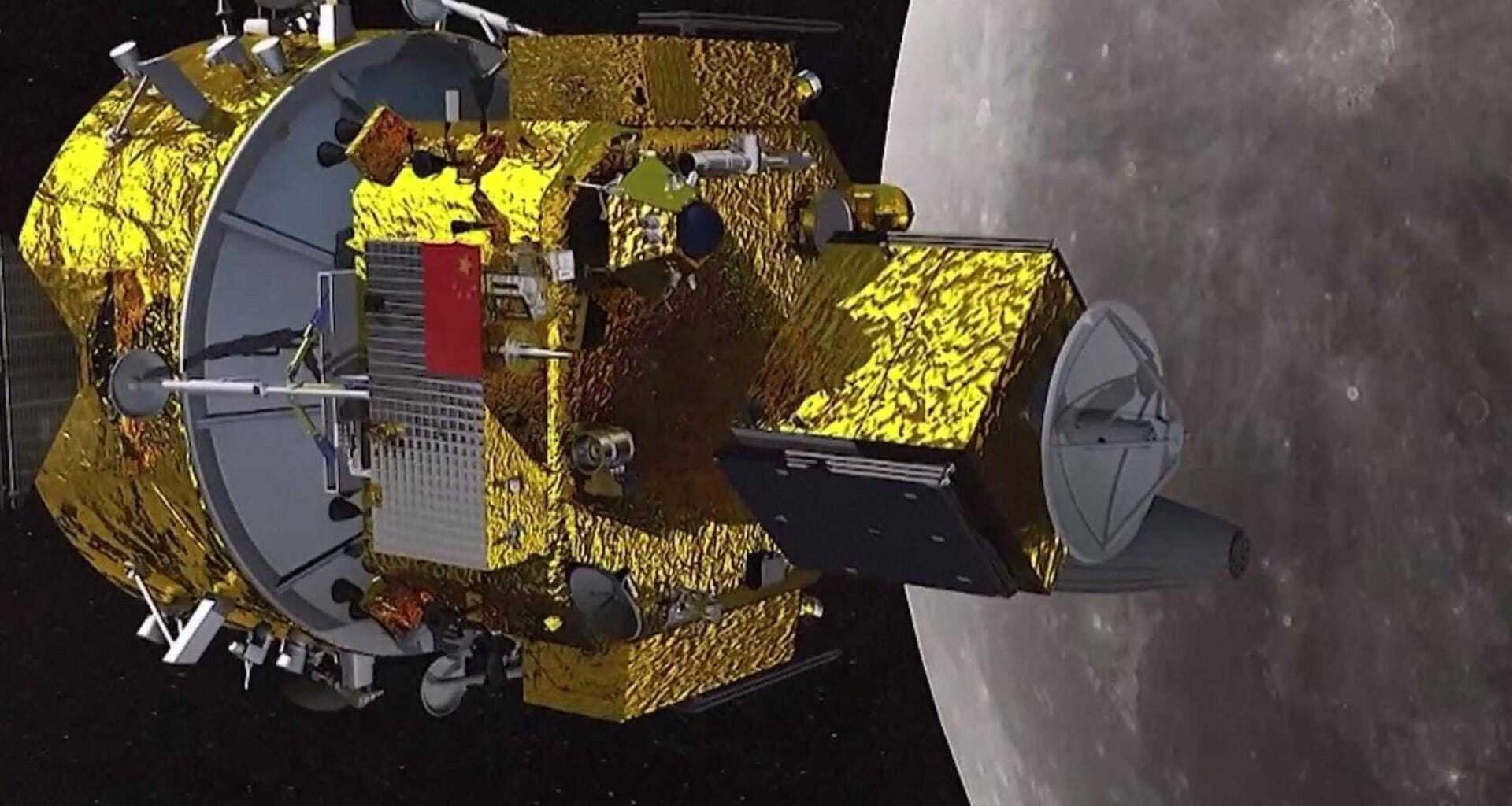 An illustration of a spacecraft covered in gold foil next to the moon in space