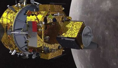 An illustration of a spacecraft covered in gold foil next to the moon in space
