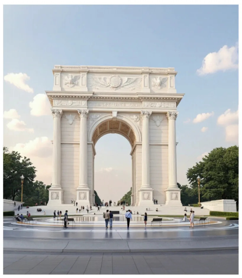 A digital rendering of a neoclassical arch resembling Paris's Arc de Triomphe, surrounded by a few people in a park setting