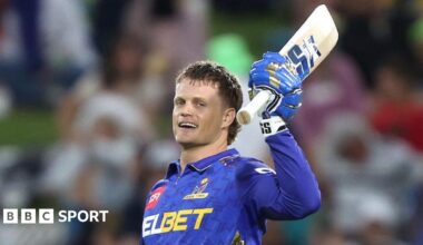 Ryan Rickelton of MI Cape Town celebrates his century with Karim Janat of MI Cape Town during match 20 of the Betway SA20 season 4 between Joburg Super Kings (JSK) and MI Cape Town (MICT) held at the Wanderers Cricket Stadium in Sandton, Johannesburg , South Africa