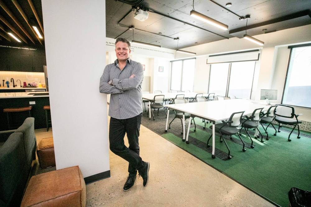 MIKAELA MACKENZIE / FREE PRESS
‘Entrepreneurship is not for the faint of heart. You’re going to be faced with challenges,’ says Jason Abbott, co-founder and CEO of Launch Coworking, at its work space in Winnipeg on Wednesday.