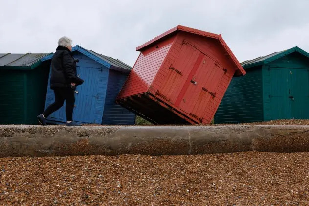 An upturned beach hut, damaged by the storm on Jan. 09, 2026 in Hastings, United Kingdom. Storm Goretti, named by Météo-France, is the first named storm of 2026 to hit the UK. (Photo by Dan Kitwood/Getty Images)
