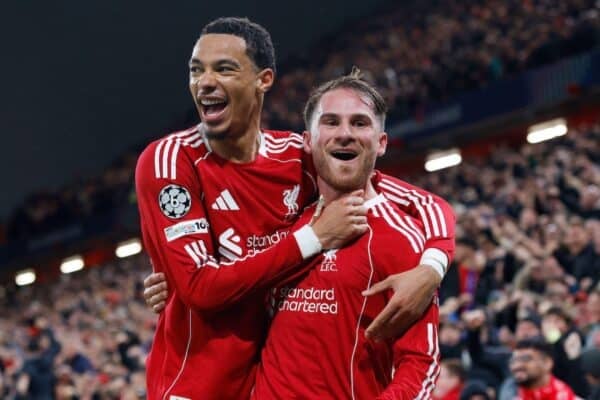 3D36C73 Liverpool, UK. 4th Nov, 2025. Alexis Mac Allister of Liverpool celebrates scoring their first goal during the Liverpool vs Real Madrid UEFA Champions League match at Anfield, Liverpool. Picture credit should read: James Baylis/Sportimage Credit: Sportimage Ltd/Alamy Live News