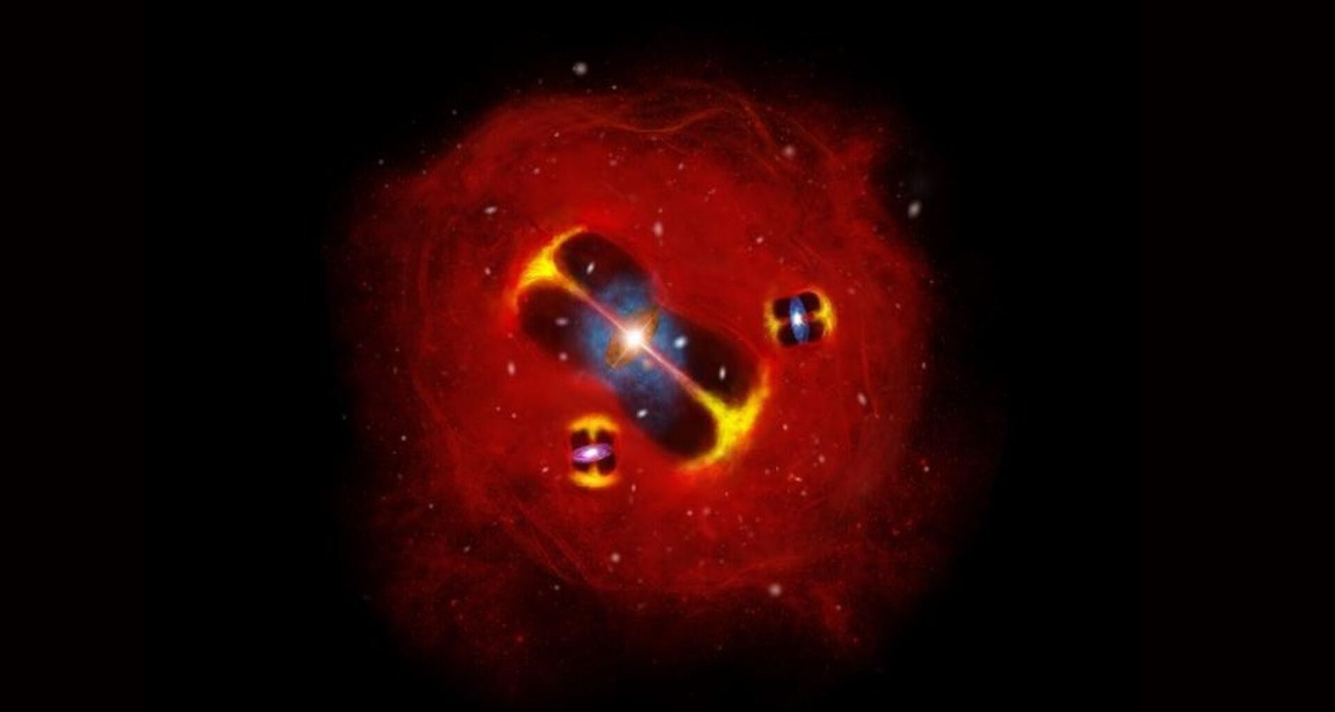 Artist's impression of a forming galaxy cluster in the early Universe: radio jets from active galaxies are embedded in a hot intracluster atmosphere (red), illustrating a large thermal reservoir of gas in the nascent cluster.