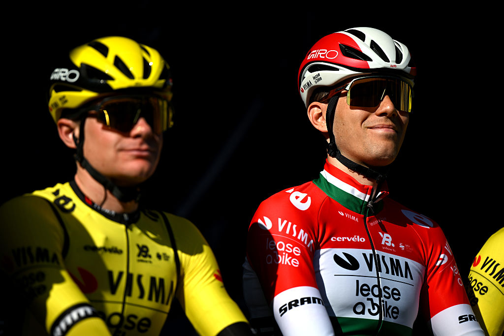 Attila Valter earlier last year (r) when still with Visma-Lease a Bike standing next to then teammate Ben Tulett