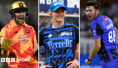 Liam Livingstone fist bumps in Birmingham Phoenix kit, Charlie Dean looks on and Jamie Overton celebrates a wicket for London Spirit