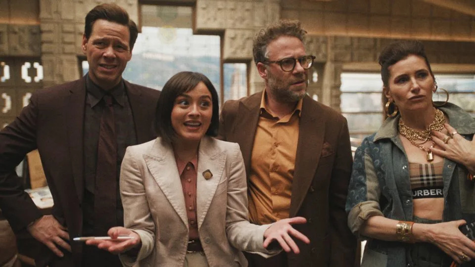 Ike Barinholtz, Chase Sui Wonders, Seth Rogen and Kathryn Hahn in "The Studio.” - Apple TV+