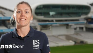 Heather Knight is pictured with the Lord's media centre in the background