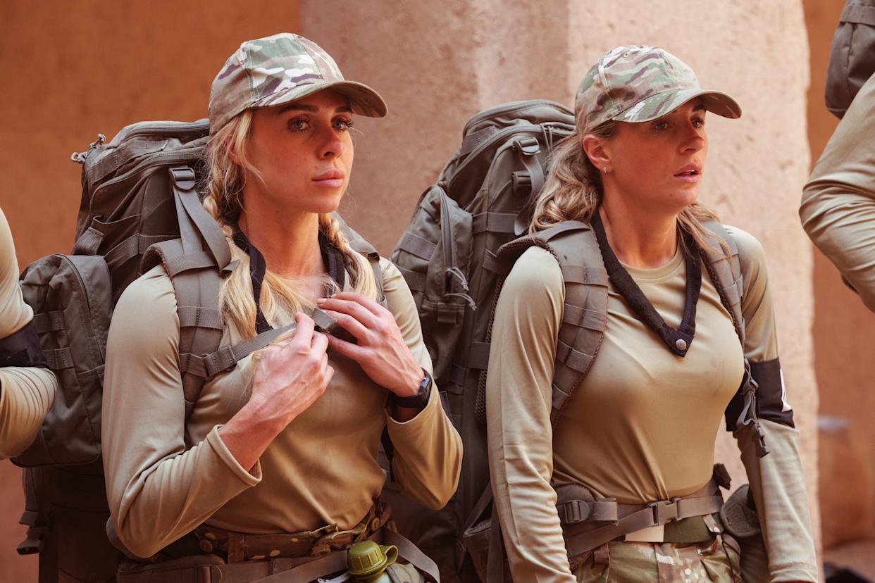 Pictured: Gabby Allen and Dani Dyer, stood in caps, during Milling