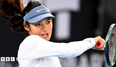 Emma Raducanu hits a forehand during her Hobart International match against Taylah Preston