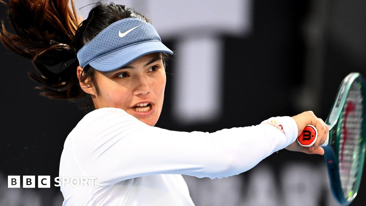 Emma Raducanu hits a forehand during her Hobart International match against Taylah Preston