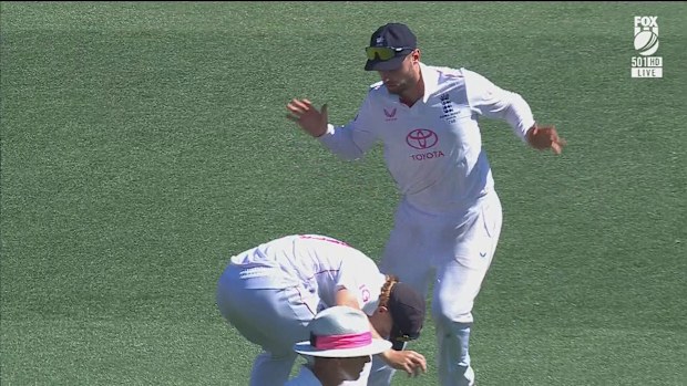 Will Jacks collides with England teammate Ollie Pope at the SCG.