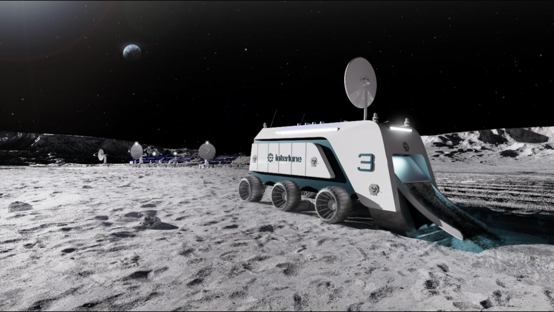 A rendering of the lunar harvester developed by the company Interlune, a white tank-like object sits on a gray lunar-like surface.
