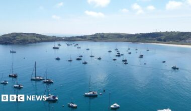 Image shows yachts on calm blue waters with golden sand and green coastline of the island of Alderney.