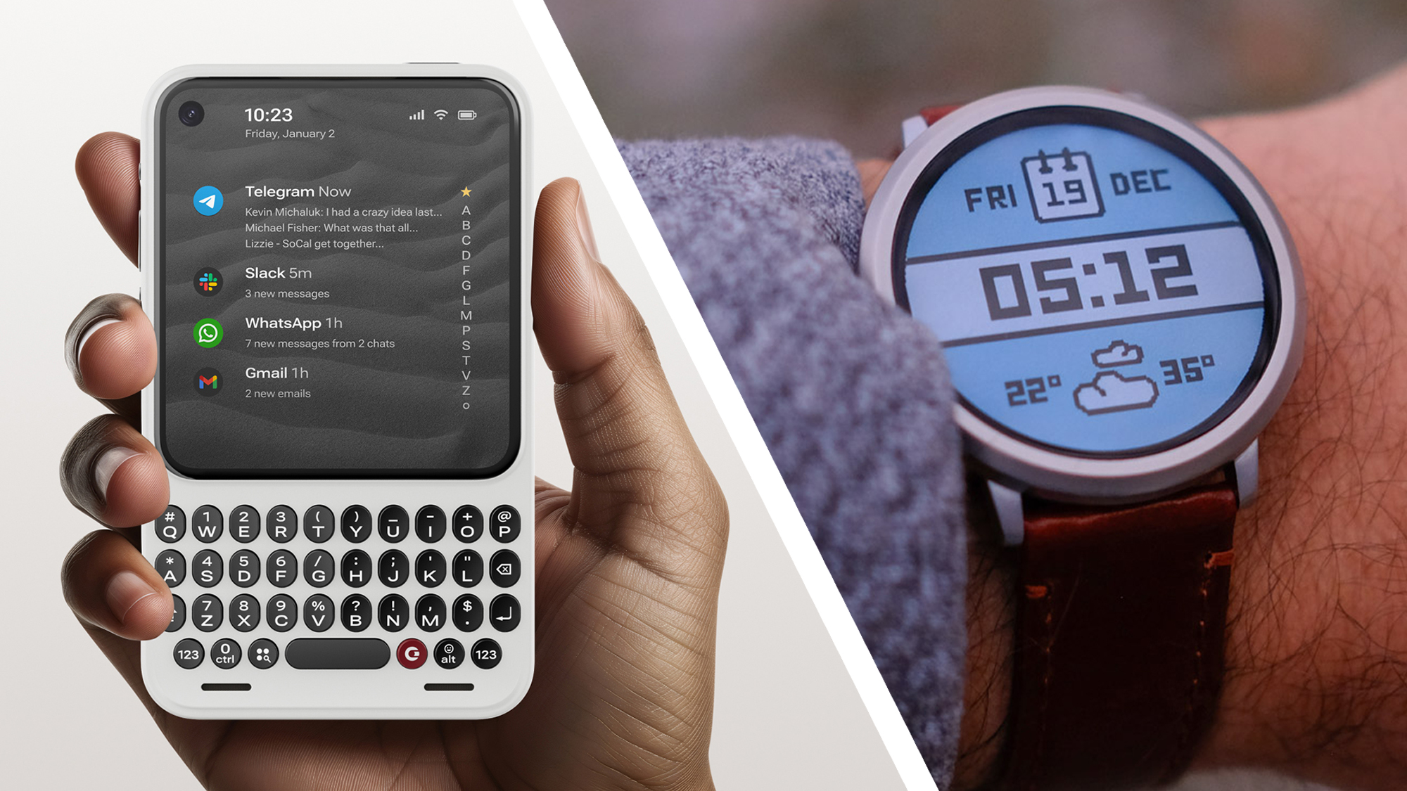 A hand holding the Clicks Communicator next to a wrist wearing the Pebble Round 2 watch