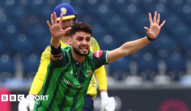 Naveen Ul-Haq appeals for lbw during his spell with Leicestershire in the T20 Blast in 2023
