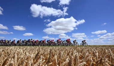 ROUEN, FRANCE - JULY 08: A general view of the peloton passing through a landscape during the 112th Tour de France, Stage 4 a 174.2km stage from Amiens Metropole to Rouen / #UCIWT / on July 08, 2025 in Rouen, France. (Photo by Tim de Waele/Getty Images)