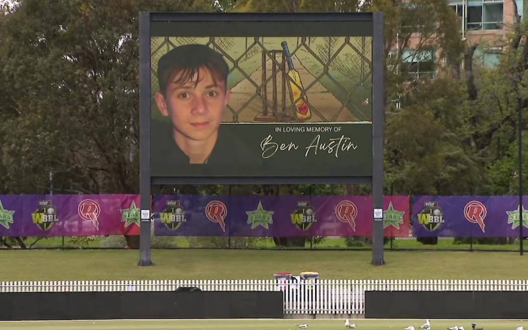 A tribute to Ben Austin on the Junction Oval scoreboard during his funeral on 20 November, 2025.