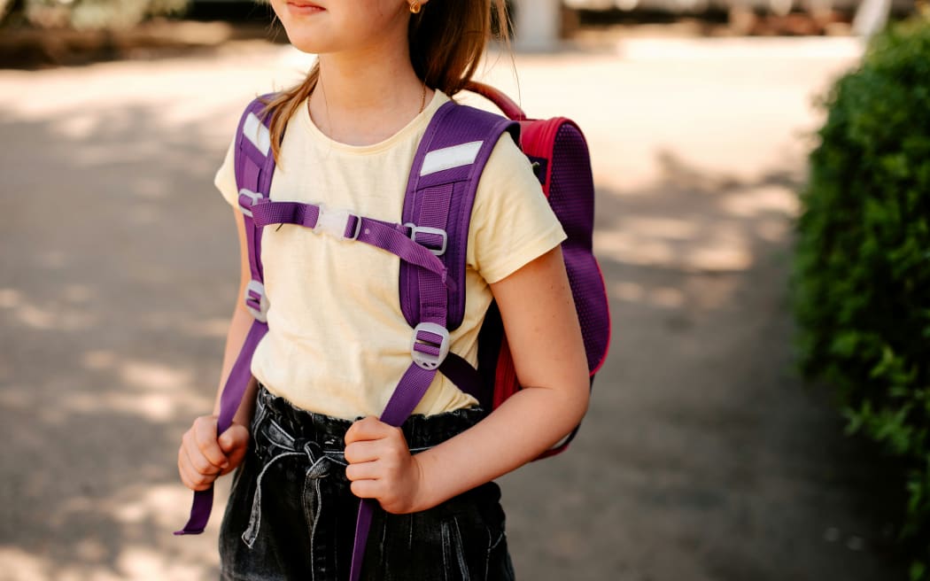 Child wearing backpack and going to school.