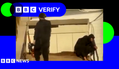 A collage of a protester on the streets of Tehran, Iran in black and white but it is clear there is a fire burning behind them. On the right-hand side of the image leaked photos are presented in a gridded face wall showing some of the 392 faces sent to BBC Verify. The photos of dead victims show close up images of their blurred faces in the colour blue..