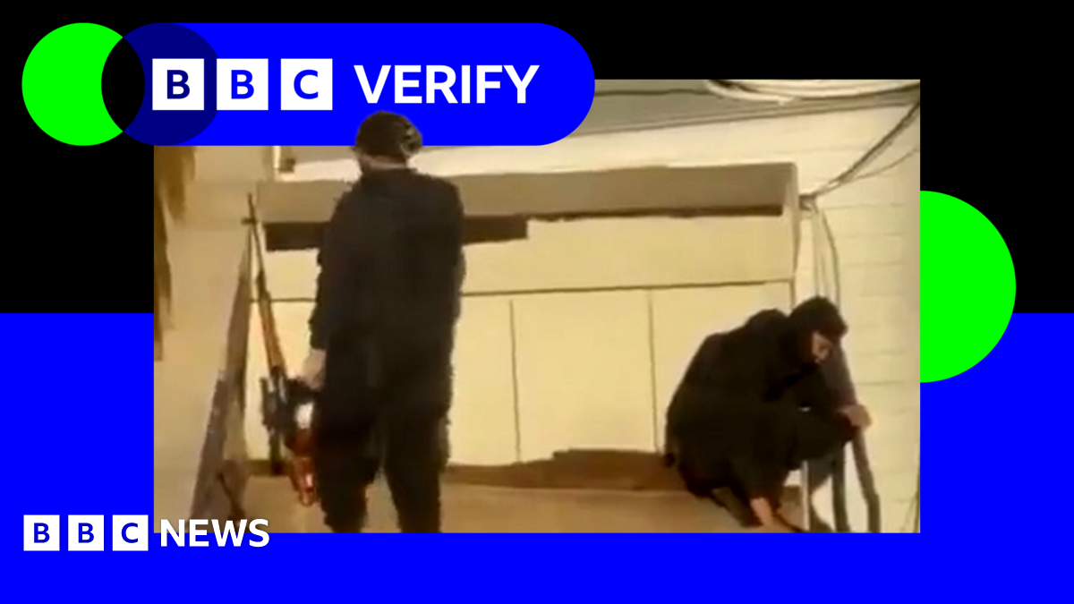 A collage of a protester on the streets of Tehran, Iran in black and white but it is clear there is a fire burning behind them. On the right-hand side of the image leaked photos are presented in a gridded face wall showing some of the 392 faces sent to BBC Verify. The photos of dead victims show close up images of their blurred faces in the colour blue..