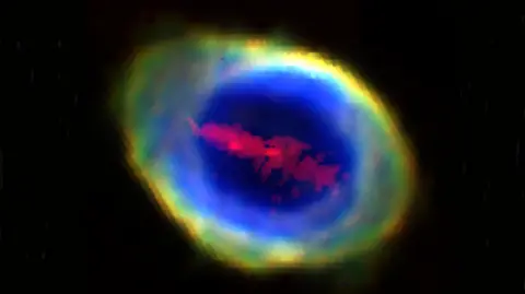 University College London The Ring Nebula in space showing the "red iron bar" in a line across the middle of it. 