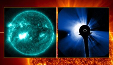 two panel image on the left is the solar flare and on the right is the cme eruption in the background is a close up illustration of the sun.