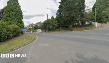 A crossroads junction in a residential area. There is a street name sign at one corner and there is a green verge and tress obscuring houses.