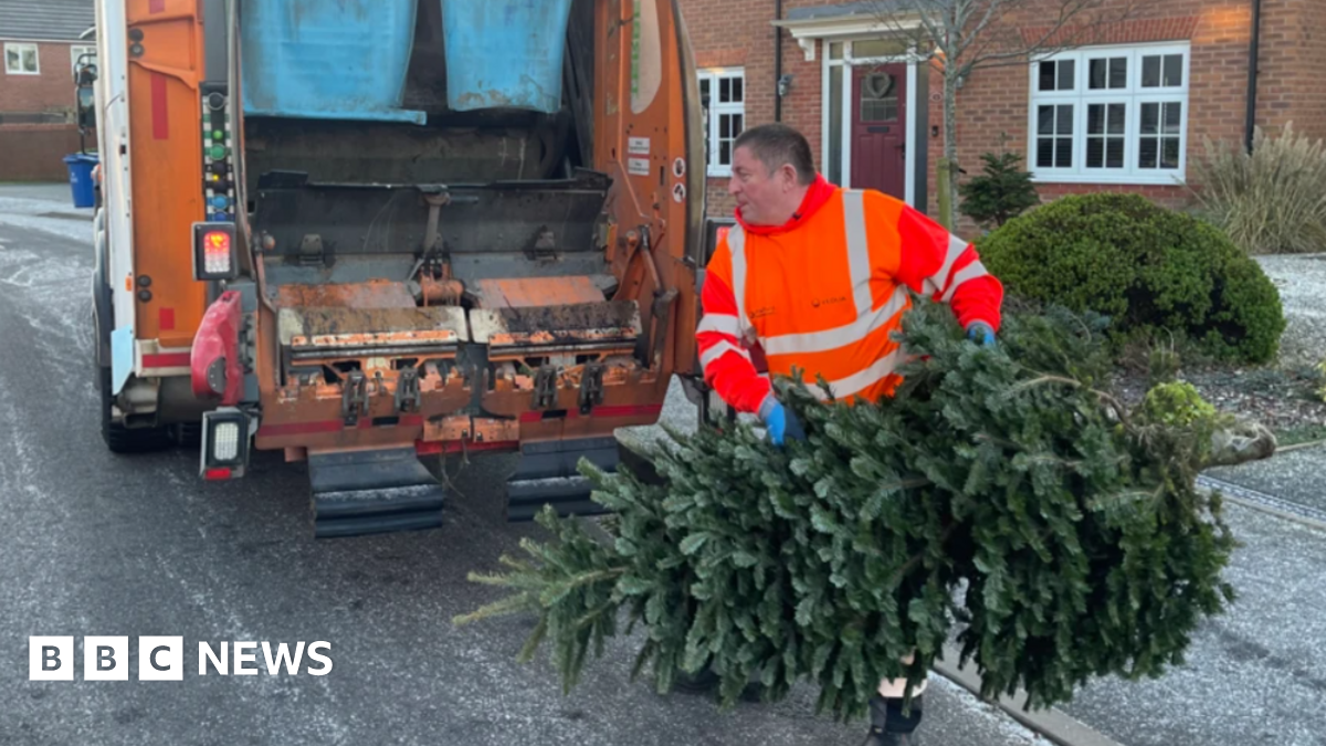 A man in a bright hi-viz jacket is lifting a large Christmas tree into the back of a wagon. The vehicle is parked outside houses