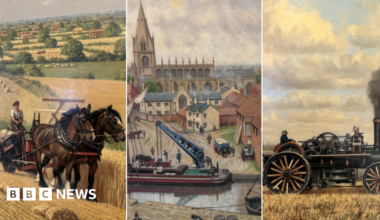 Three paintings side by side. The first on the left is of a shire horse, the second of a barge and the third of a steam-powered piece of farm machinery.