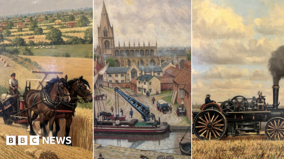 Three paintings side by side. The first on the left is of a shire horse, the second of a barge and the third of a steam-powered piece of farm machinery.