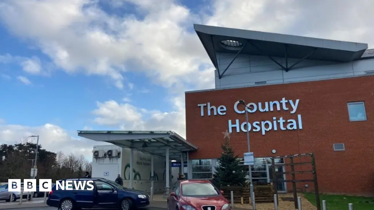 General view of the entrance and car park of Hereford County Hospital