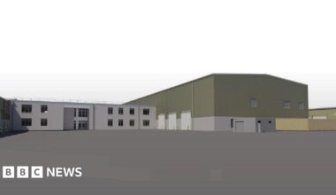 An artist impression of the new training facility, which includes a large hangar industrial style building to the right.